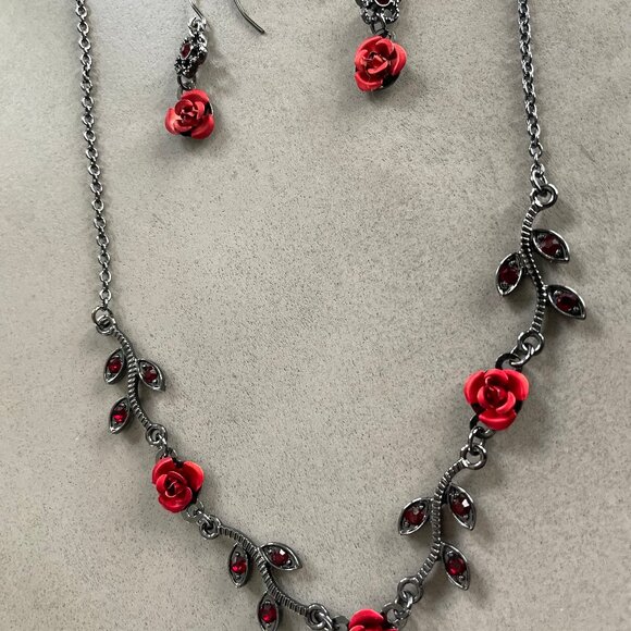 Romantic Red & Charcoal Bead Necklace and Earrings Set - Picture 5 of 6
